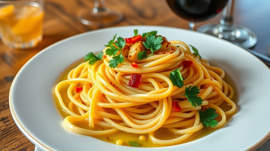 Classic Spaghetti Aglio e Olio Recipe A plate of Spaghetti Aglio e Olio with sautéed garlic, red pepper flakes, and fresh parsley on a rustic table.